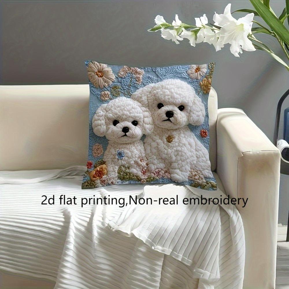 2D Bichon Frise Pillow Cover Cute Puppy Floral Print Cushion Case For Sofa Couch Cozy Pet Home Decor Dog Lover Gift