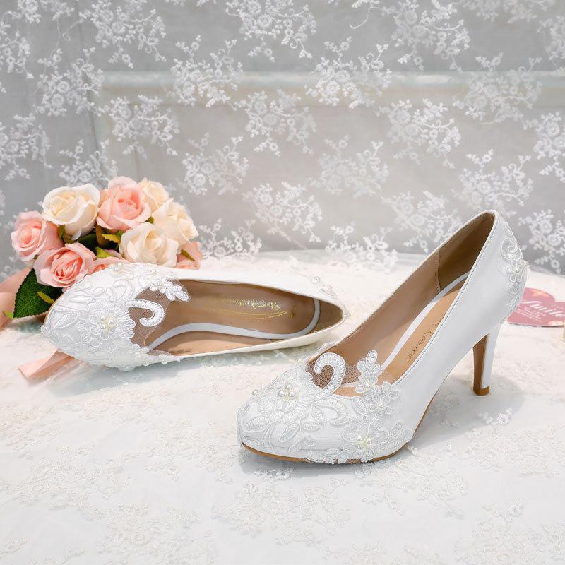 White round head high heels waterproof table stiletto pearl handmade lace flower women's single shoes wedding shoes 202543