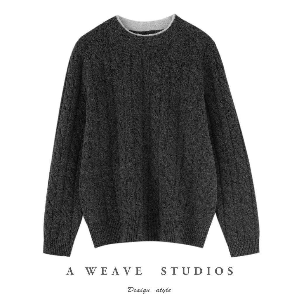 Women's Color-Block Pure Wool Sweater, Cable Knit, Thickened, Loose Fit, Slimming Pullover