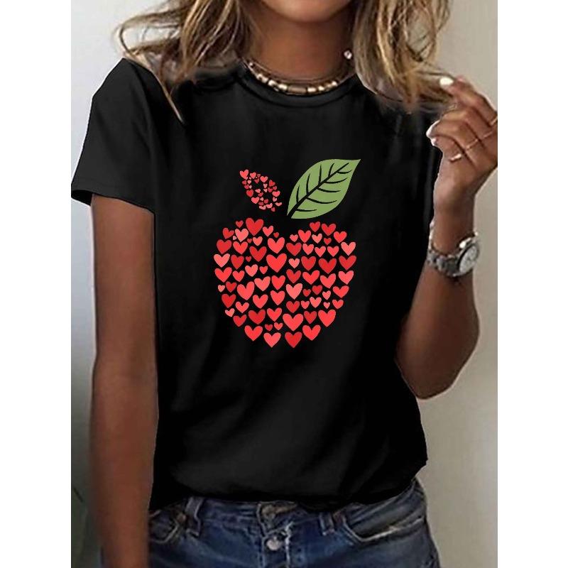 Apple Shape with Heart Shapes Print T-shirt, Short Sleeve Crew Neck Casual Top for Summer & Spring, Women's Clothing