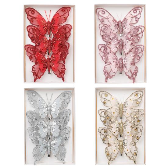 3 Pcs Glitter Sequins Butterfly Ornament Artificial Butterfly Christmas Decoration with Clips for Christmas Tree Wreath Holiday Decoration