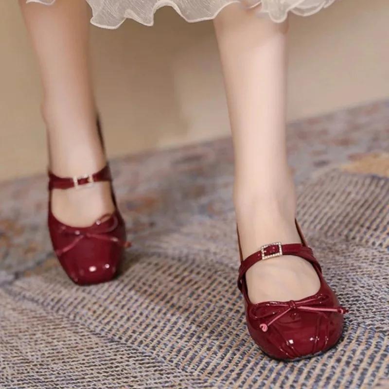 Ladies Shoes On Sale 2025 Mary Janes Women's High Heels Round Toe Bow Tie Dress Pumps Women Buckle Strap Crystal Med Heel Shoes