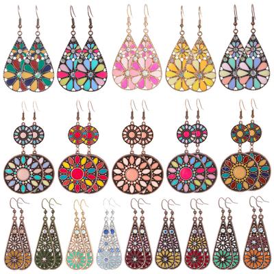 Boho Vintage Pink Yellow Flower Drop Earrings Women Geometric Round Water Drop Floral Colorful Earrings Fashion Party Jewelry