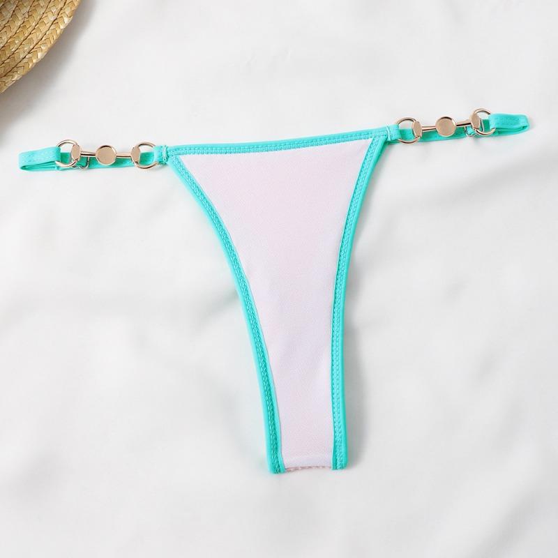 Damen Neongelb Kontrastbesatz Bikini-Set mit Perlenketten-Detail, Krepp-Textur Zweiteiliger Badeanzug