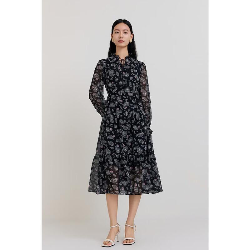 French Print Waist-Cinching Long Sleeve Midi Dress XXL