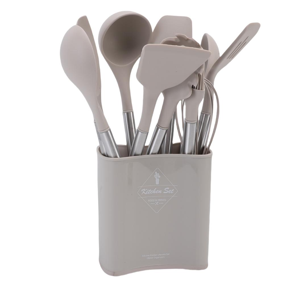 Kitchen Utensils Set Silicone Stainless Steel Heat Proof Spatula Spoon Kitchen Gadgets Tools with Drainer and Holder
