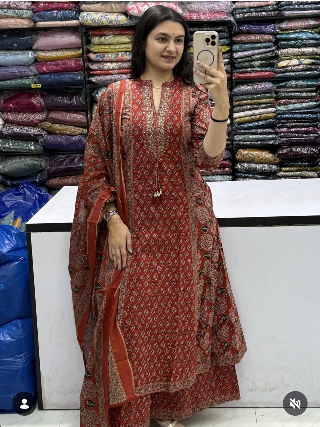 Women Anarkali Cotton Kurta Pant Dupatta Set Indian Bollywood Party Wear Salwar Suit M красный