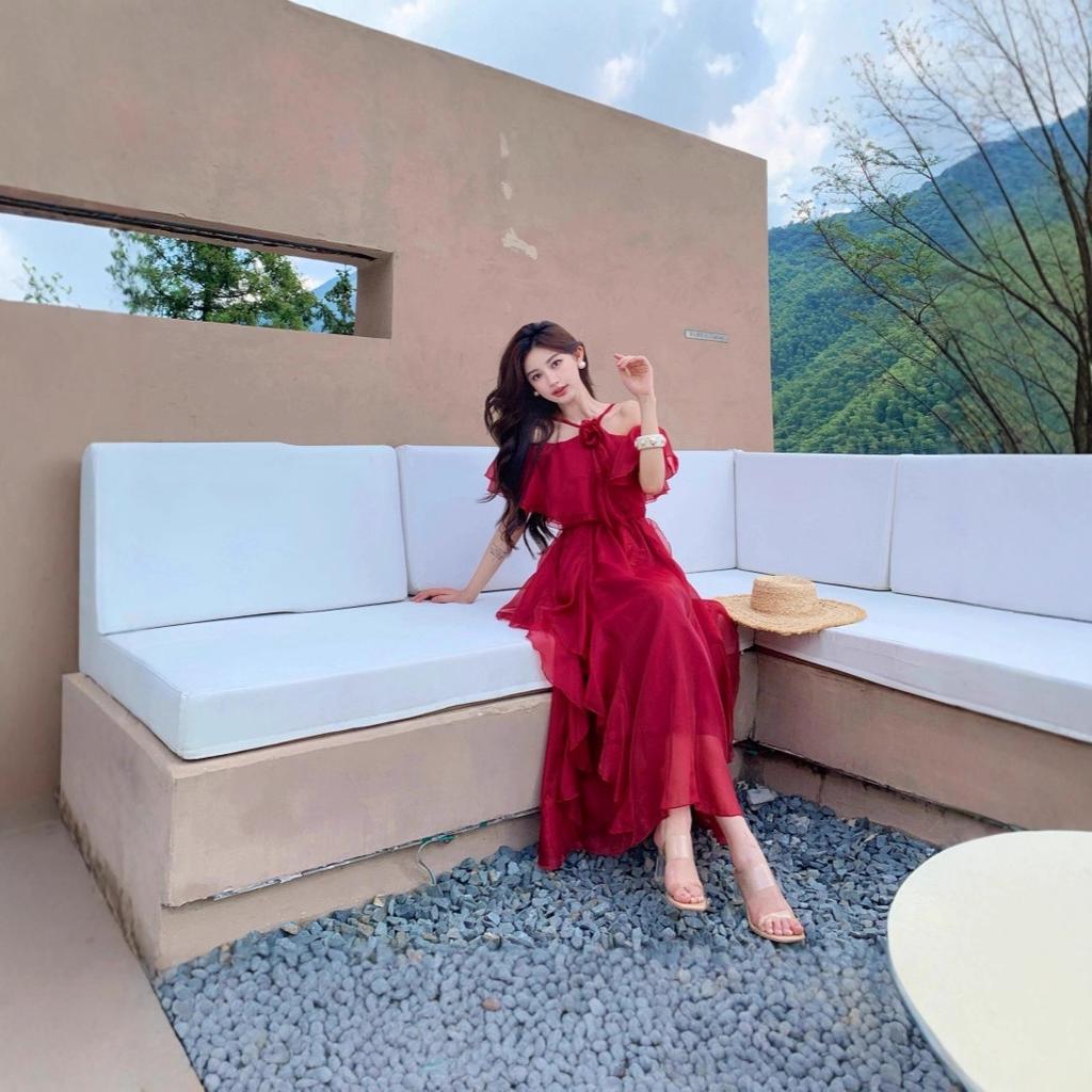 Blovelan Rose Cloud Mist Vintage Bright Off-shoulder Off-shoulder Chiffon Off-shoulder Ruffled Large Hem Dress for Summer