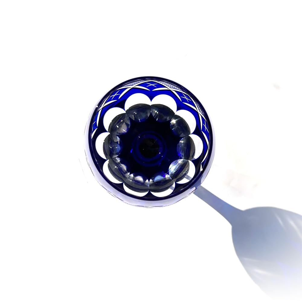 Taiburo Edo Kiriko Yarai Nanko Crest Wine Glass Wooden Made in Japan [Official Studio] (Blue) TB90408B, Box,