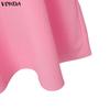 VONDA Summer Women O Neck Half Sleeve Pleating Casual Long Oversized Dress