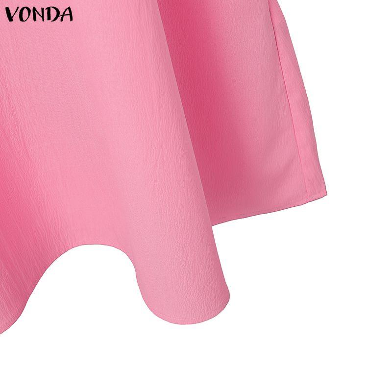 VONDA Summer Women O Neck Half Sleeve Pleating Casual Long Oversized Dress