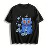Whimsical Blue Cat & Hat Bird Print Top Trendy Niche Design Loose Casual Unisex Tee Pure Cotton T-shirt