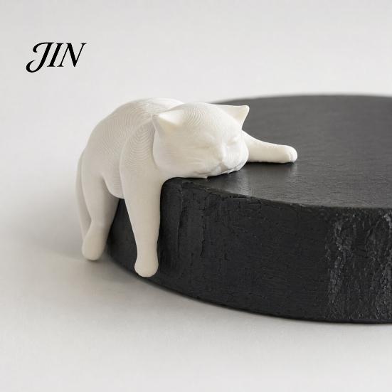 Modern Cat Ornament for Home 3D Printed Lazy Figurine, Sleeping Kitten Desk Decor, Cute Animal Statue Figurine Office, DIY Paintable White Matte