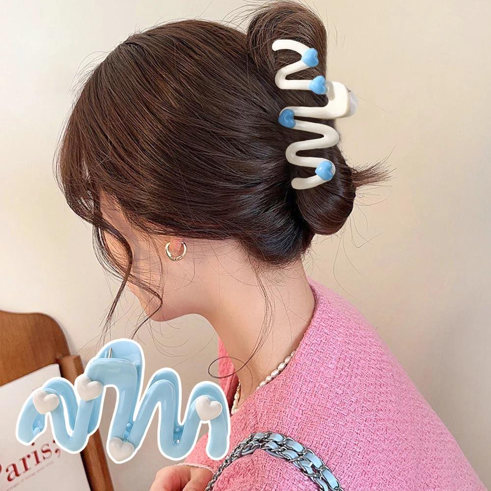 

10.5cm Blue Heart Wave Shaped Hair Claw Cream Color Clips for Women Sweet Cute Irregular Shark Clip Large Ponytail Clip Hairpins