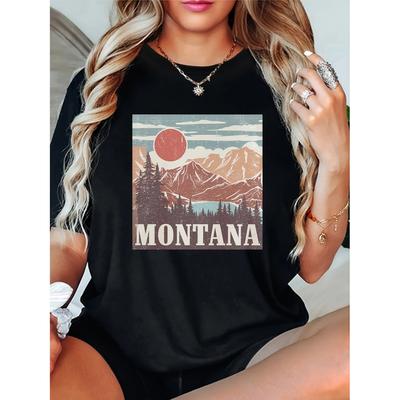 Vibrant Landscape Print Short Sleeve Crew Neck T-Shirt for Women - Soft Medium Stretch Polyester Fabric Machine Washable Casual