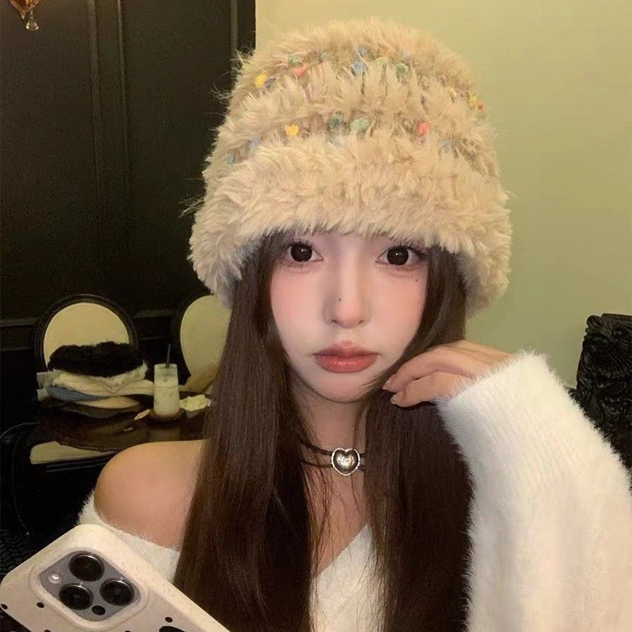 Colored Small Jelly Beans Plush Bucket Hat Women's Autumn and Winter Face Small Versatile Wool Hat Big Head Circumference Hat Bucket Hat