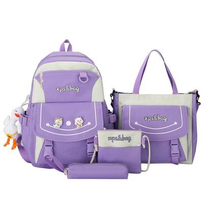 4 pièces Sac à dos scolaire en nylon motif dessin animé Sacs à bandoulière Sacs à dos de voyage Sac à livres Trousse à crayons Violet
