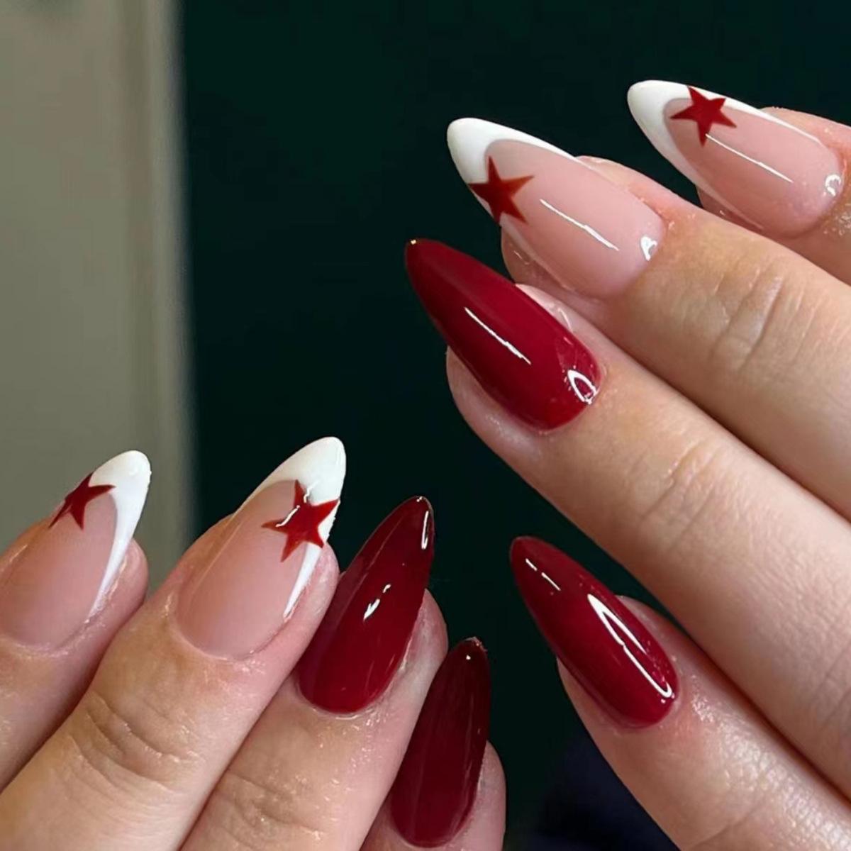 

Handmade Red Star Almond French-Edge Wearable Nail Tips