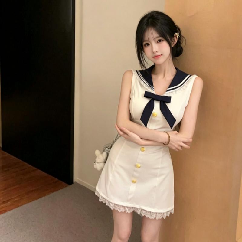 

New College Style Sleeveless Sailor Collar Dress Lace Hem with Bow Brightening A Line Short Skirt Japanese Style Uniform Cute Mini Skirt for Summer S белый