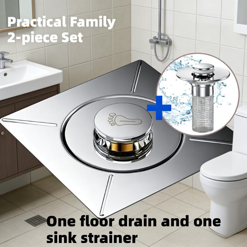 2Pcs Stainless Steel Floor Drain & Basin Drain Combo, Foot Pedal & Pop Up Anti-Odor Hair Catcher Filter For Bathroom Kitchen Sho