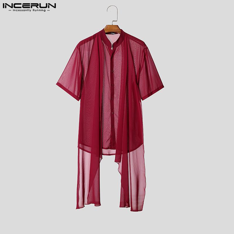 INCERUN Men Stand Neck Short Sleeve Double Layers Buttons Mesh Sheer Casual Shirts