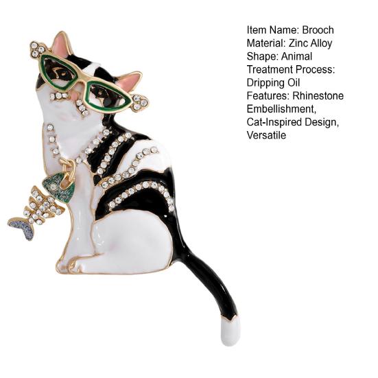 Broșă Pisică cu Strasuri Sclipitoare, Ac de Broșă cu Ochelari de Soare Verzi, Pandantiv Pește, Smalț cu Picături de Ulei, Insignă Animal