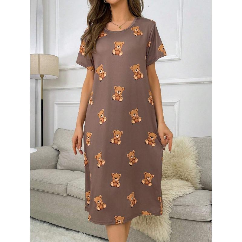 Velká velikost, Kulatý výstřih, Krátký rukáv, Modrý květ meruňky, Domácí oblečení, Noční košile, Šaty, Ležérní, Dámské oblečení s potiskem