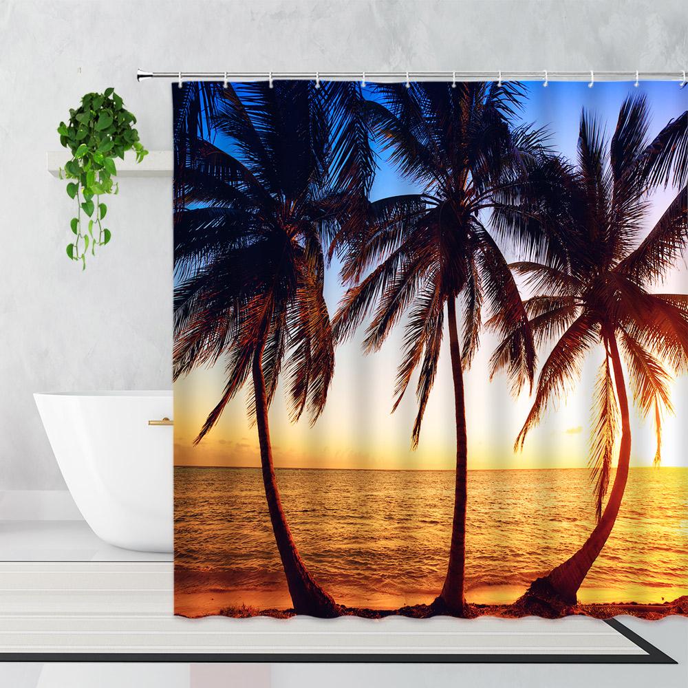 Palm Trees Beach Shower Curtains Sea Waves Island Vacation Hawaii Nature Scenery Summer Fabric Bathroom Decor Bath Curtain Hooks