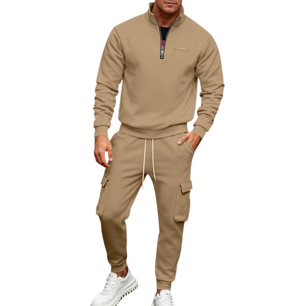 Men's Half-Zip Stand Collar Sweatshirt Set with Cargo Multi-Pocket Jogger Pants