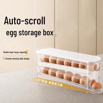 Dual-Layer Rolling Egg Storage Box - Durable, Transparent, Auto-Refill Egg Tray for Refrigerator Organization