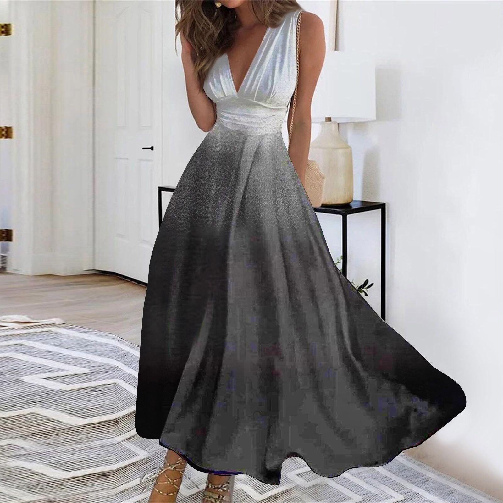 

Женское длинное платье Платье макси Повседневное платье Летнее повседневное платье без рукавов с v-образным вырезом в стиле бохо с талией и принтом XL белый