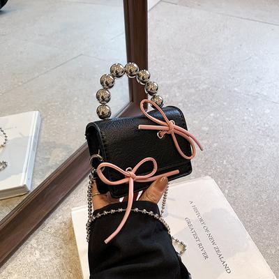 Fashion PU Leather Mini Flap Crossbody Bags  New Women Delicate Bead Handle Party Clutch Lady Cute Chains Square Bag