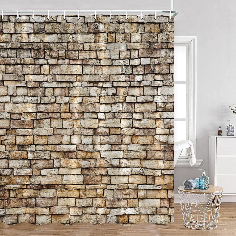 Countryside Wooden Board Shower Curtain Brick Wall Farmhouse Farm Bathroom Curtains Wooden Planks Art Pattern Bath Curtain Decor