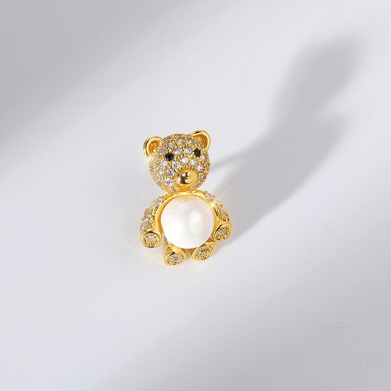 Bo Xin Yun Zirconia Bear Brooch – Cute Animal Lapel Pin with DIY Pearl Accessories