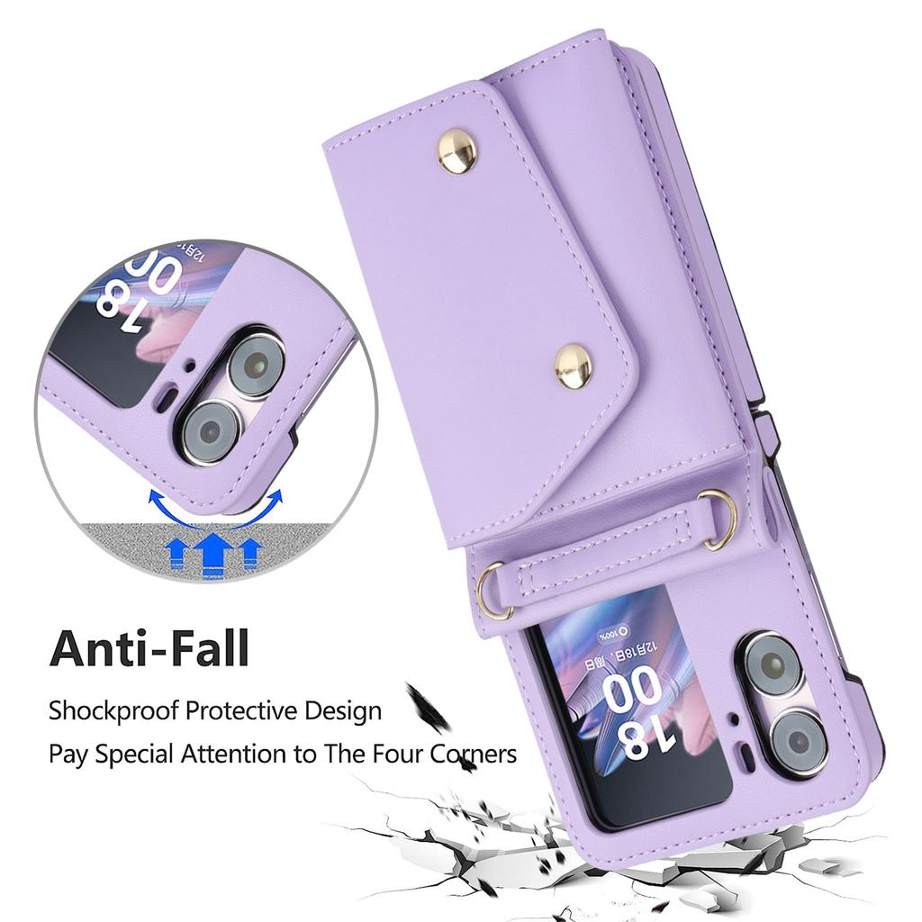 Multi-functional Crossbody Leather Zipper Wallet Cards Solt Case For OPPO Find N2 Flip 5G  Long Rope Lanyard Card Bag RFID Cover
