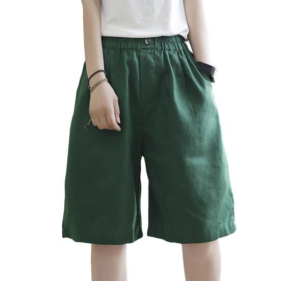 Women Shorts Wide Leg Elastic Waist Casual Pants Solid Color Loose Fit Knee-Length Sporty Shorts with Pockets