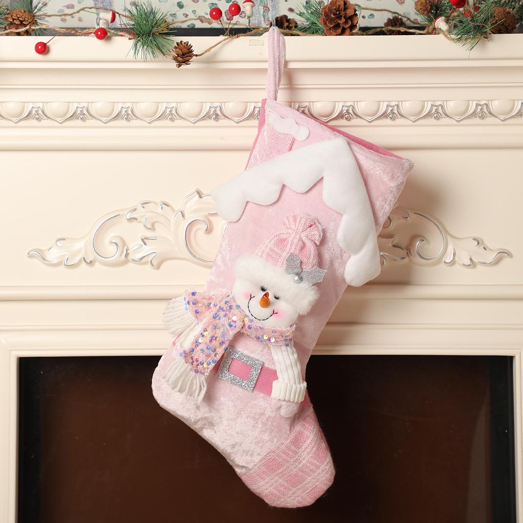 Christmas Stockings, Noel Pink Stockings Snowman, Reindeer, Santa Claus Navidad Decoration Family Holiday XMAS Party Decoration