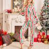 Autumn Women Christmas Pajamas Lounge Set Colorful Stripes Christmas Hat Printed Tops and Pants Loose 2 Piece Loungewear Outfits
