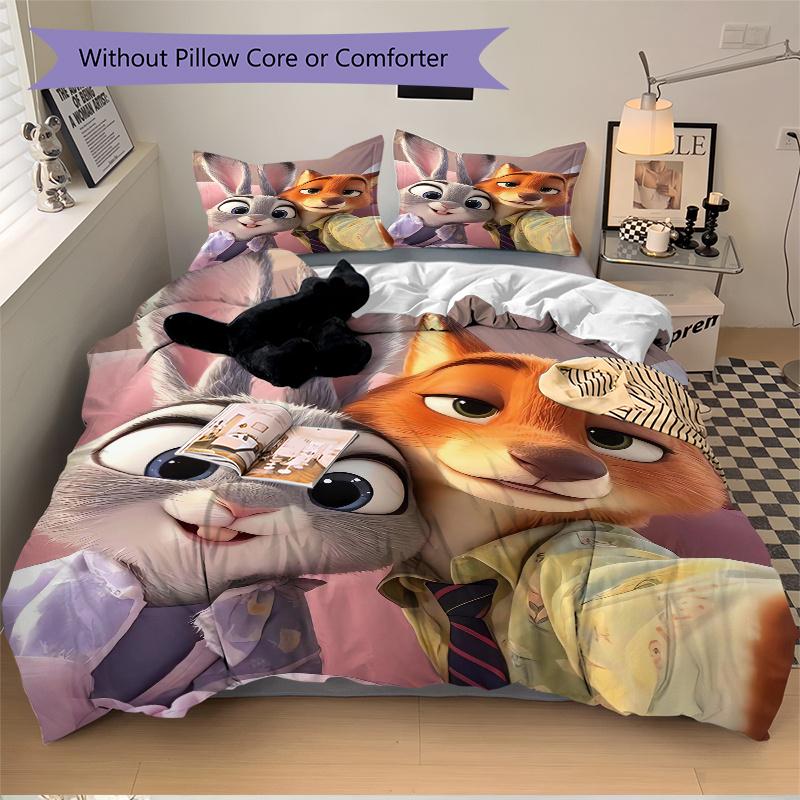 Juego de Ropa de Cama con Estampado de 3 Piezas de Judy y Nick de Zootopia (1 funda + 2 fundas de almohada, sin relleno)
