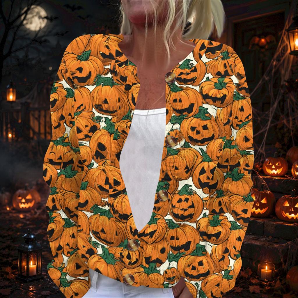 Damen Strickjacke mit langen Ärmeln und Halloween-Print, Pullover mit Knopfleiste für Herbst-Party-Outfits