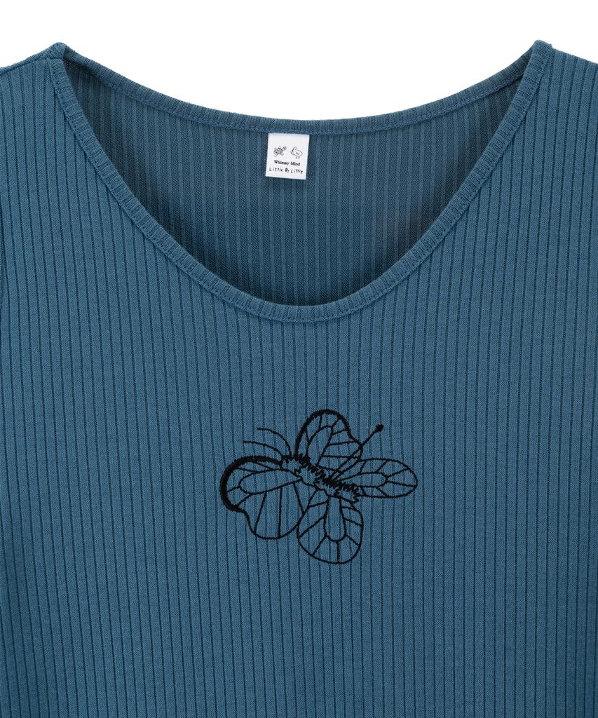 WHIMSY MIND Off-Shoulder Butterfly Pin Embroidered Top_Blue