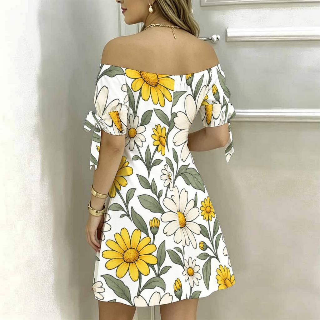 Women Plus Size Off Shoulder Tie Cuff Short Sleeve Floral Printed A Line Dress