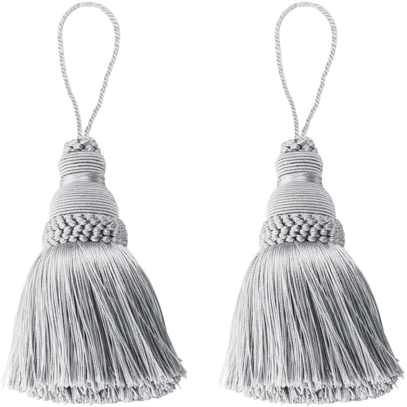 2Pc Decorazioni per la casa Corda appesa Nappe di seta Frangia Nappa Trim Decorazione dell'indumento Nappe chiave per abbellimenti fai da te Accessori per tende Silver