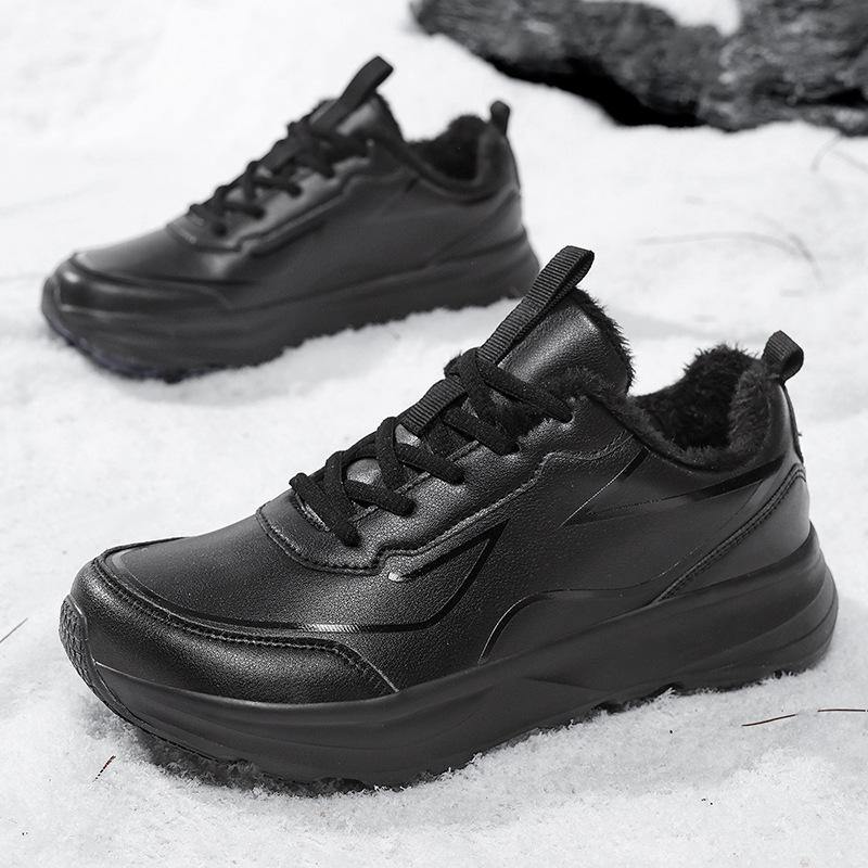 Heißverkaufte Baumwollschuhe mit breiter Spitze wasserdichte Leder-Samt-Sneaker breite Leiste warm Winter Schwarz