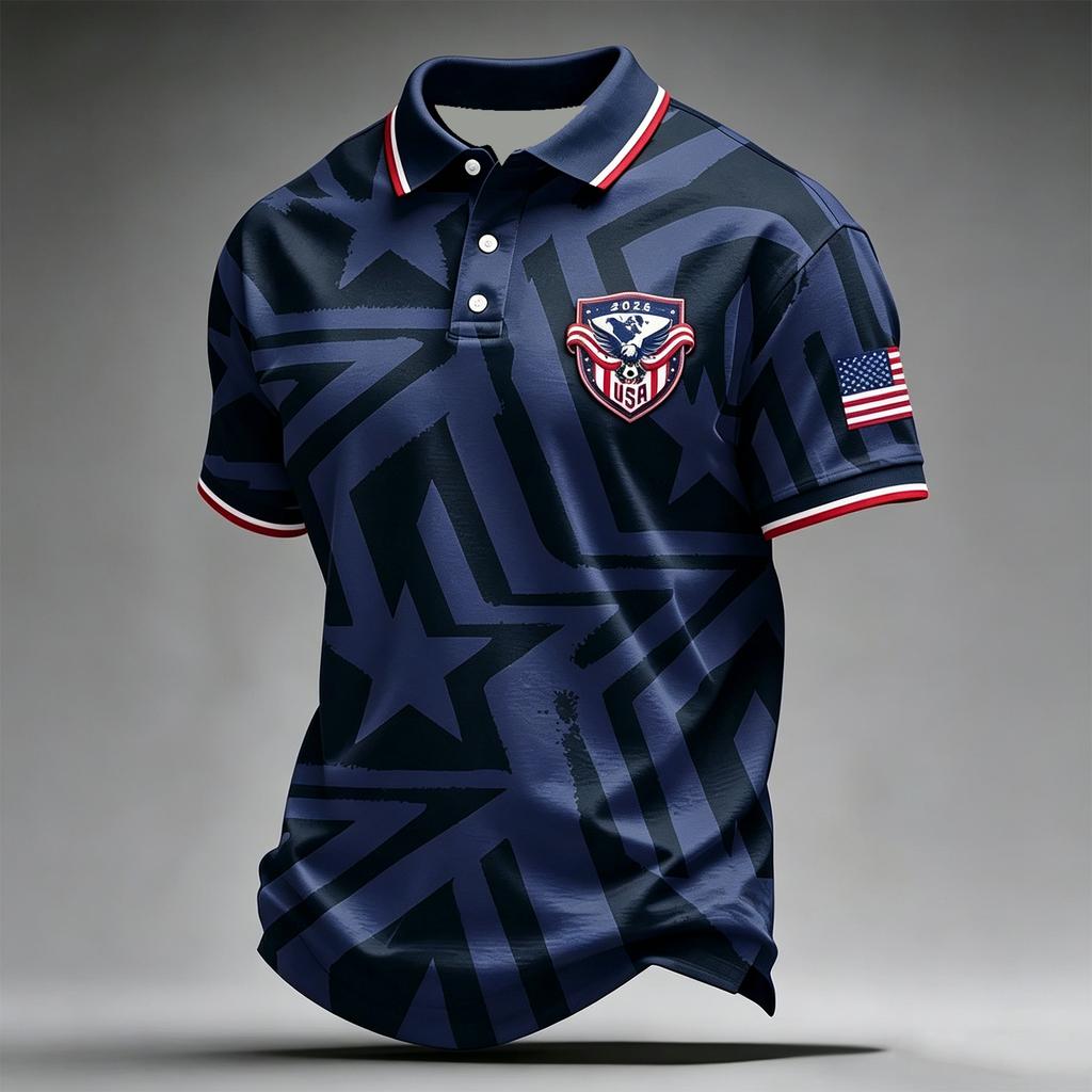 Men’s Casual Polo Shirt with Football Inspired Print and 2026 USA Flag Design Short Sleeve Comfortable Fit