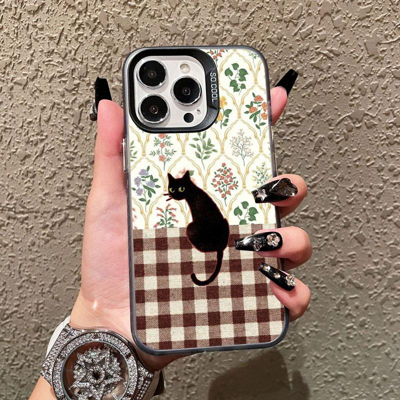 Striped Coffee Cat Laser Phone Case For iPhone 17 16 Pro Max 15 14 Pro Max Plus 13 Mini 12 11 Pro Max Shockproof Black Covers