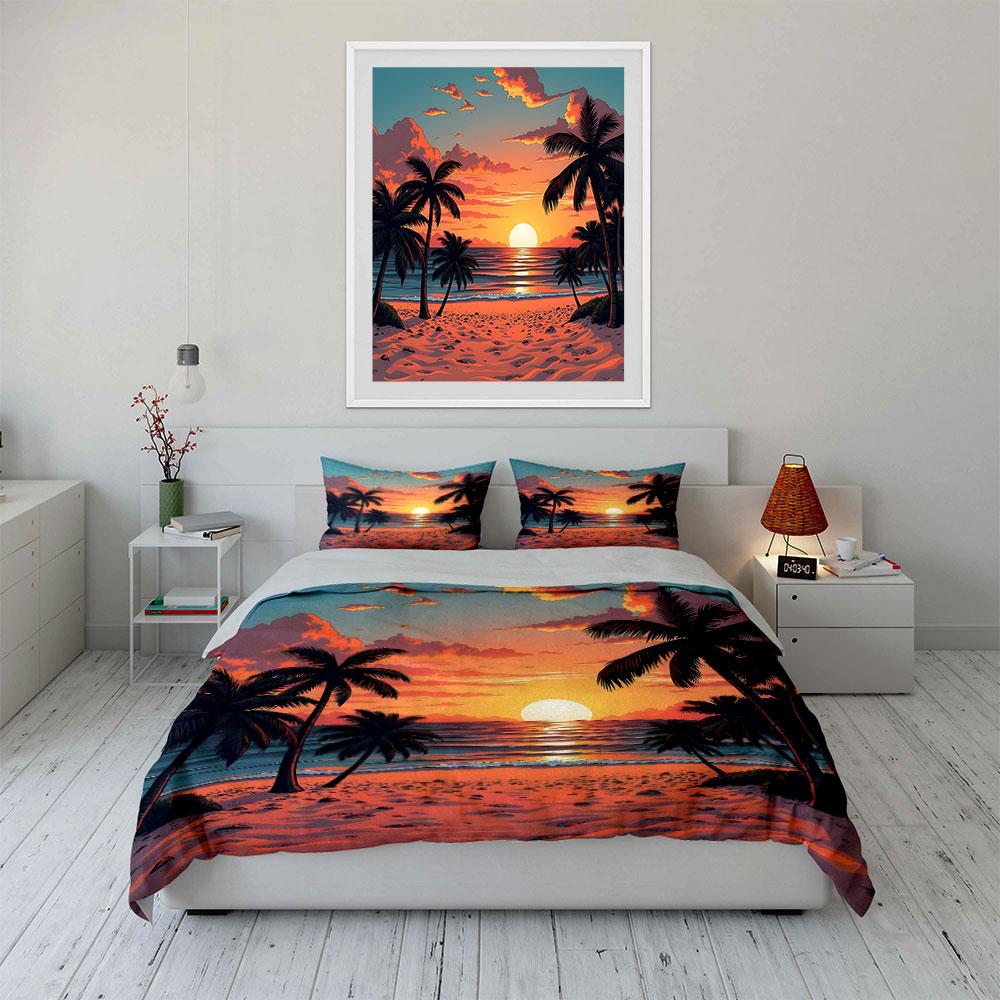 Sunset Beach With Palm Trees Print Bedding Set 1 Duvet Cover 2 Pillowcases For Adult And Children Luxury Gift Full Size