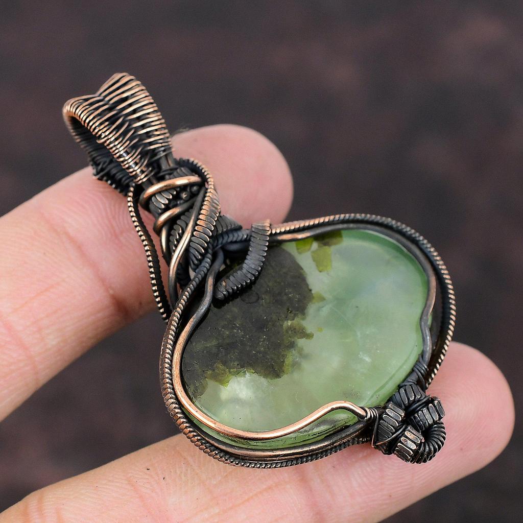 Moss Prehnite Pendant Copper Wire Wrapped Gemstone Pendant Handmade Wire Wrap Jewelry For Gift Rainbow Moonstone Pendant Jewelry For Women