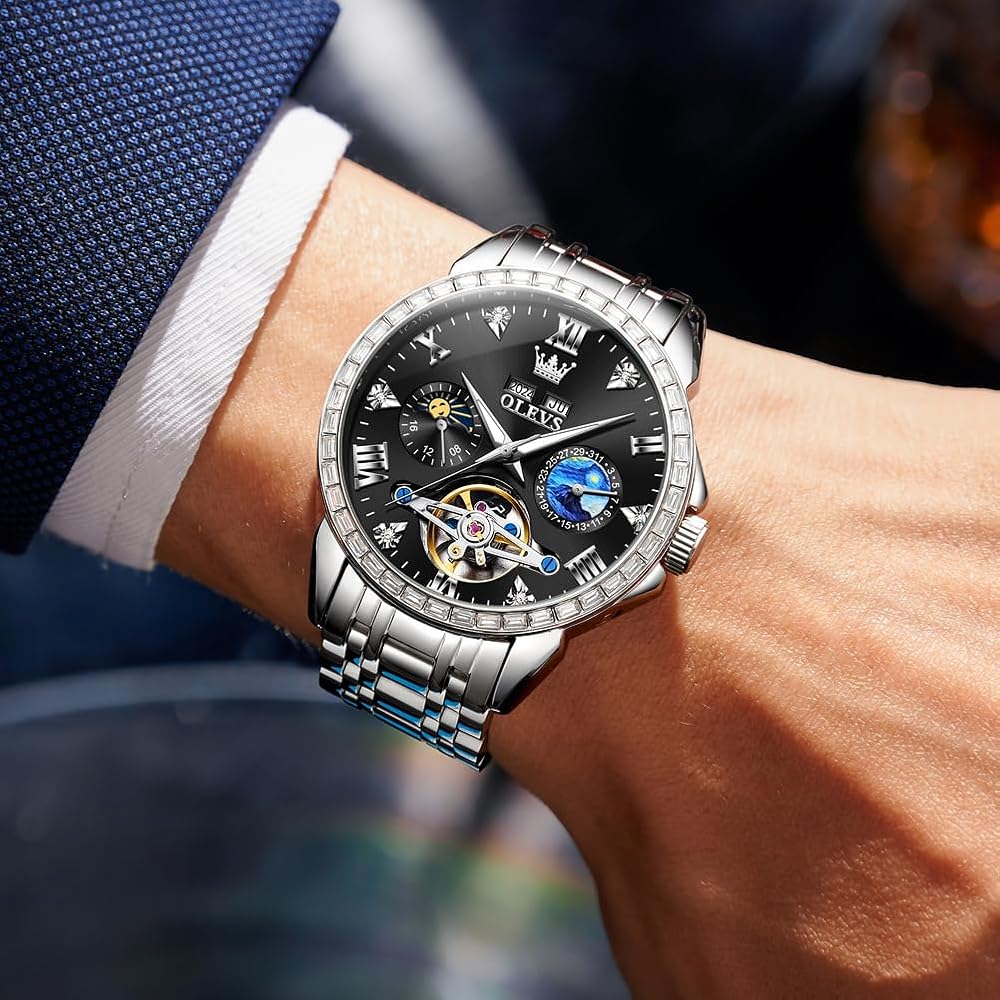 OLEVS Men's Automatic Skeleton Watch with Diamond, Calendar, Waterproof, Stainless Steel, Black