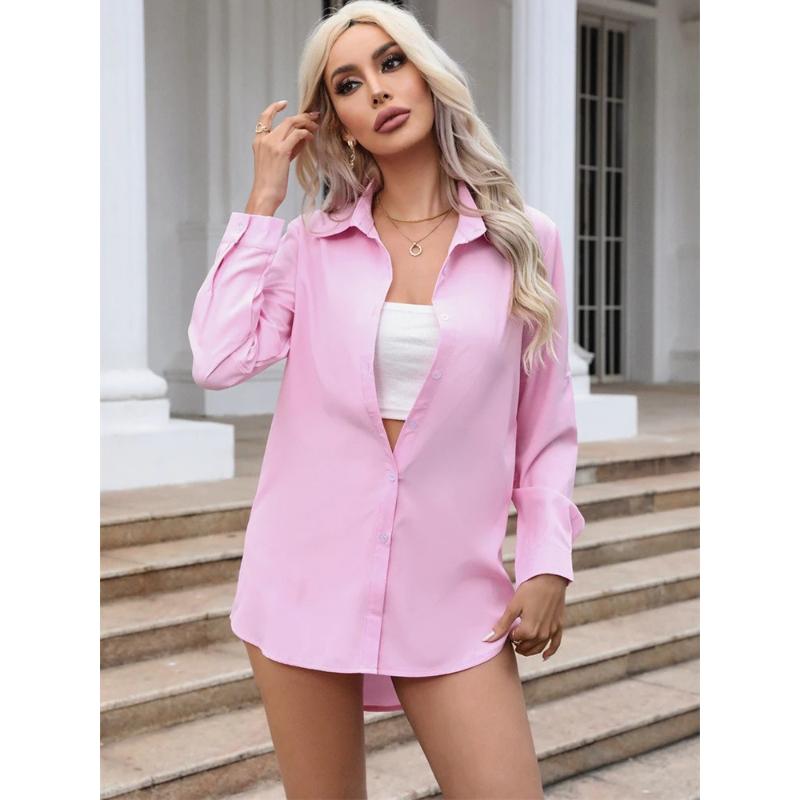 

Women Long Sleeve Boyfriend Midi Long OL Shirt Elegant Solid Chiffon Blouse Korean Harajuku Polo Neck Slim Tunic Oversize Tops 2XL рожевий